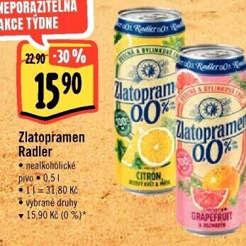 Nealkoholické pivo ochucené Radler Zlatopramen