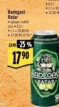 Pivo světlé výčepní Ratar Radegast