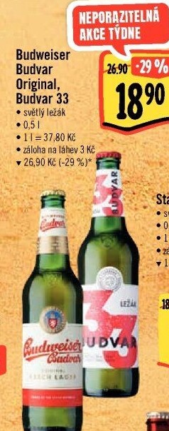 Pivo světlý ležák Original Budweiser Budvar