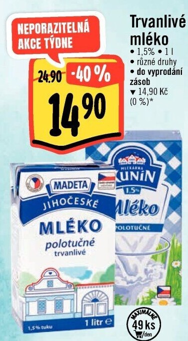 Mléko trvanlivé Jihočeské Madeta - 1,5% polotučné