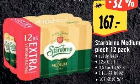 Pivo světlý ležák nepasterizovaný 11° Medium Starobrno