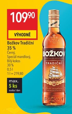 Božkov Tradiční 35 %, Černý, Speciál mandlový, Bílý kokos 30 %