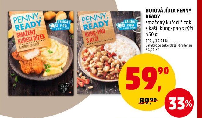 Hotová jídla Penny Ready smažený kuřecí řízek s kaší, kung-pao s rýží