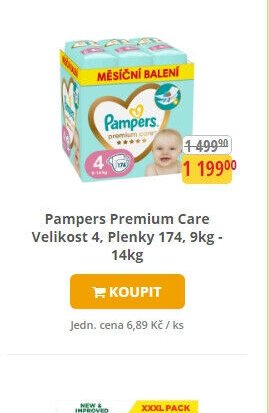 Pampers Premium Care Velikost 4, Plenky 174, 9kg - 14kg