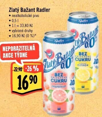 Nealkoholické pivo ochucené Radler Zlatý Bažant