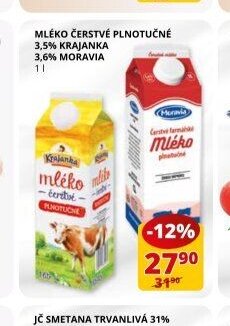 Mléko čerstvé plnotučné, 3,6% Moravia