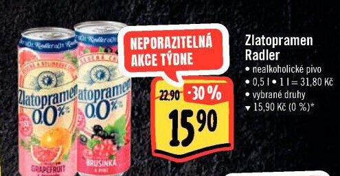 Nealkoholické pivo ochucené Radler Zlatopramen