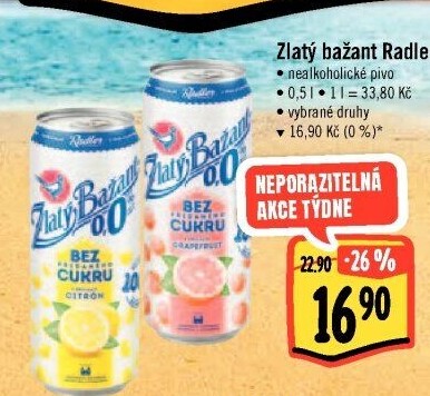 Nealkoholické pivo ochucené Radler Zlatý Bažant