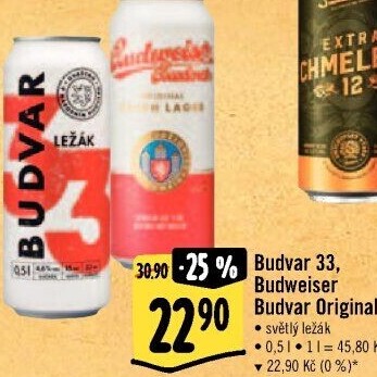 Pivo světlý ležák 33 Budweiser Budvar