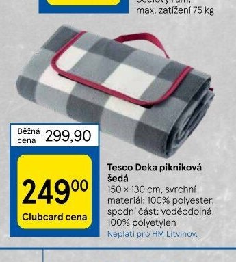 Tesco Deka pikniková šedá, 150 x 130 cm, svrchní materiál: 100% polyester, spodní část: voděodolná, 100% polyetylen