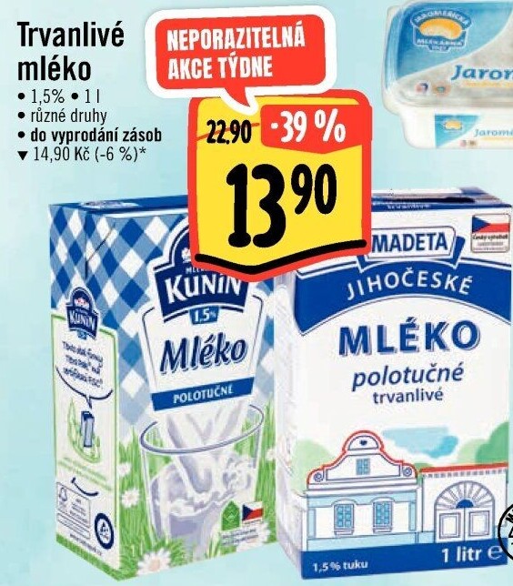 Mléko trvanlivé Kunín - 1,5% polotučné