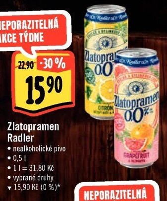 Nealkoholické pivo ochucené Radler Zlatopramen