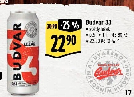 Pivo světlý ležák 33 Budweiser Budvar