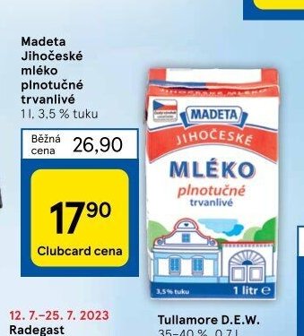 Madeta Jihočeské mléko plnotučné trvanlivé