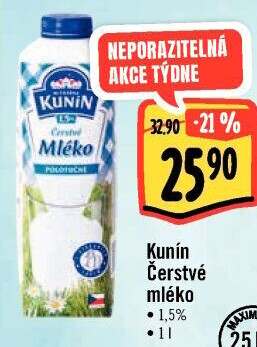 Mléko čerstvé Kunín - 1,5% polotučné