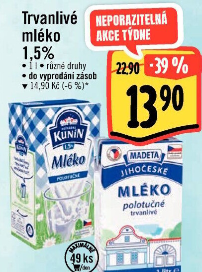 Mléko trvanlivé Kunín - 1,5% polotučné