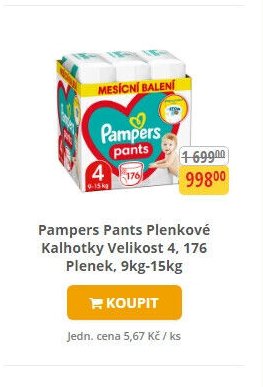 Pampers Pants Plenkové Kalhotky Velikost 4, 176 Plenek, 9kg-15kg