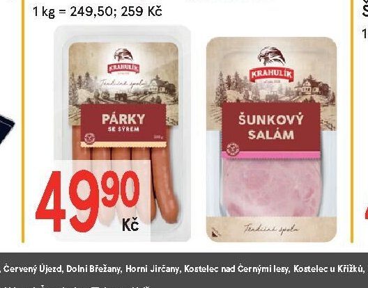 Párky se sýrem 200 g / Salám šunkový 100 g