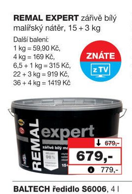 REMAL EXPERT zářivě bílý malířský nátěr, 15 + 3 kg
