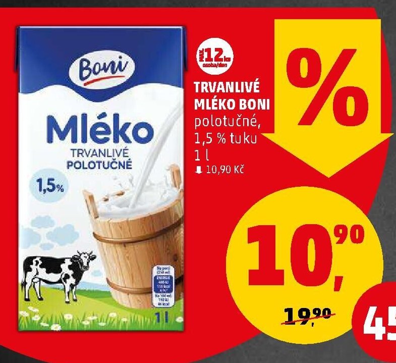 Trvanlivé mléko Boni polotučné 1,5 % tuku