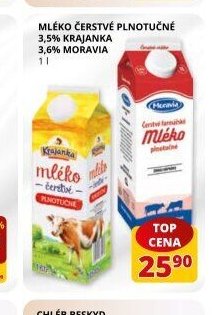 Mléko čerstvé plnotučné 3,5% Krajanka, 3,6% Moravia