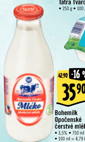 Mléko čerstvé selské Opočenské Bohemilk