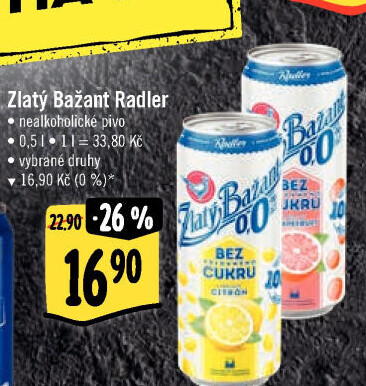 Nealkoholické pivo ochucené Radler Zlatý Bažant