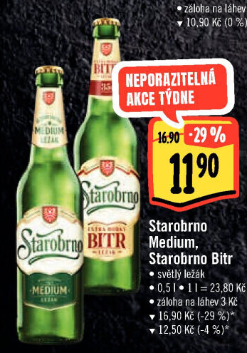 Pivo světlý ležák nepasterizovaný 11° Medium Starobrno