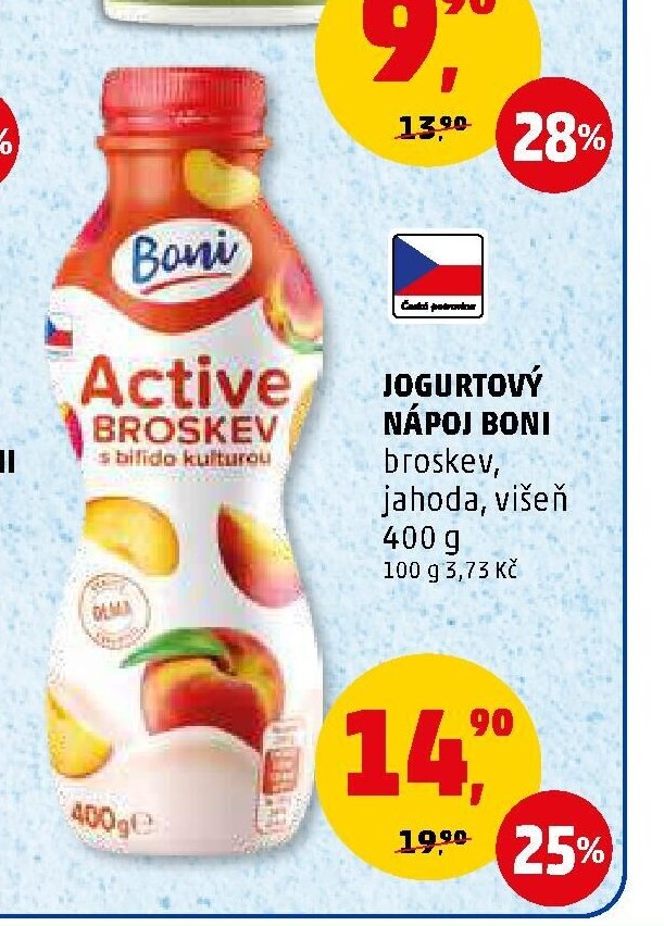 Jogurtový nápoj Boni broskev, jahoda, višeň