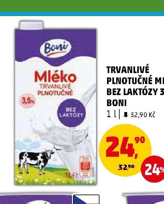 TRVANLIVÉ PLNOTUČNÉ MLÉKO BEZ LAKTÓZY 3,5% BONI