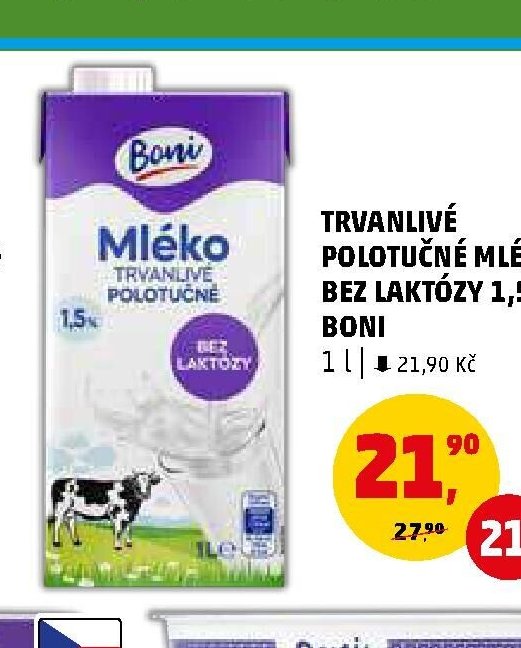TRVANLIVÉ POLOTUČNÉ MLÉKO BEZ LAKTÓZY 1,5% BONI