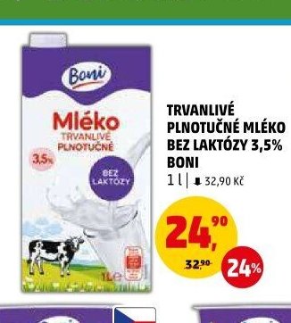 TRVANLIVÉ PLNOTUČNÉ MLÉKO BEZ LAKTÓZY 3,5% BONI