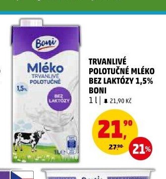 TRVANLIVÉ POLOTUČNÉ MLÉKO BEZ LAKTÓZY 1,5% BONI