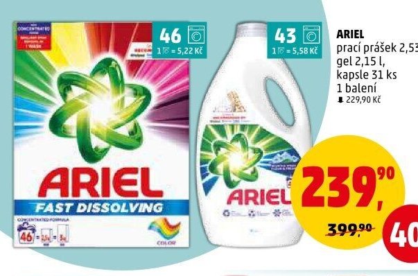 ARIEL prací prášek 2,53 kg, gel 2,15 l, kapsle 31 ks