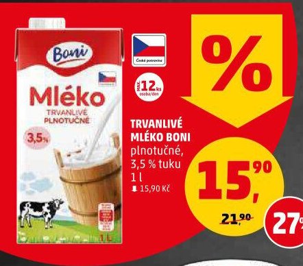 TRVANLIVÉ MLÉKO BONI plnotučné 3,5 % tuku 1 l