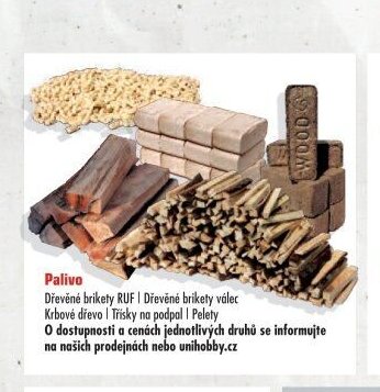Palivo (Dřevěné brikety RUF, Dřevěné brikety válec, Krbové dřevo, Třísky na podpal, Pelety)