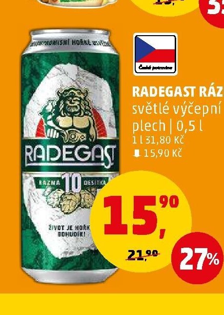 Radegast Rázná 10 světlé výčepní plech 0,5 l