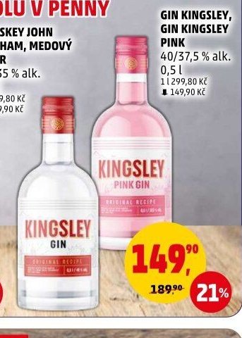 GIN KINGSLEY, GIN KINGSLEY PINK 40/37,5% alk. 0,5 l