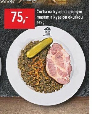 Čočka na kyselo s uzeným masem a kyselou okurkou