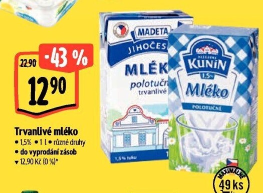 Mléko trvanlivé Jihočeské Madeta - 1,5% polotučné