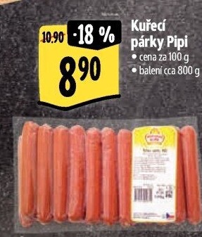 Párky kuřecí Pipi Vodňanské kuře