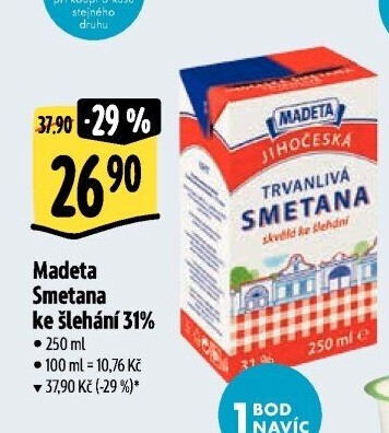 Smetana ke šlehání trvanlivá Jihočeská Madeta 31%