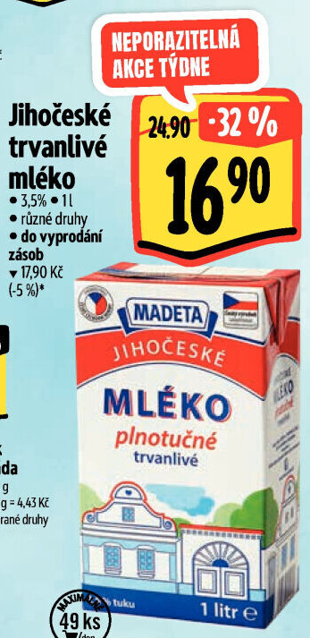 Mléko trvanlivé Jihočeské Madeta - 3,5% plnotučné