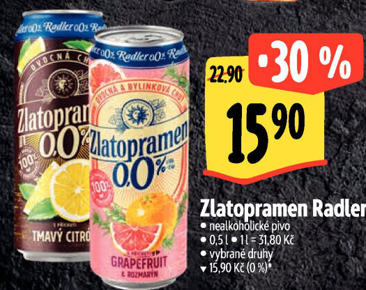 Nealkoholické pivo ochucené Radler Zlatopramen