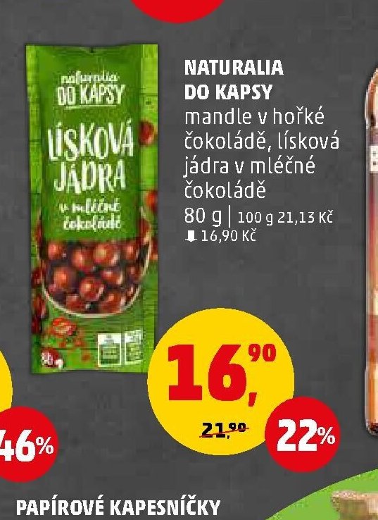 NATURALIA DO KAPSY mandle v hořké čokoládě, lísková jádra v mléčné čokoládě
