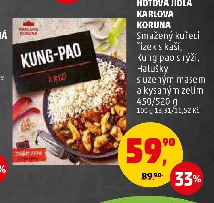 Hotová jídla Karlova Koruna Smažený kuřecí řízek s kaší, Kung pao s rýží, Halušky s uzeným masem a kysaným zelím 450/520 g