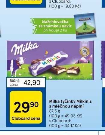 Milka tyčinky Milkinis s mléčnou náplní