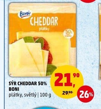 SÝR CHEDDAR 50% BONI plátky, světlý | 100 g