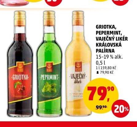 GRIOTKA, PEPERMINT, VAJEČNÝ LIKÉR KRÁLOVSKÁ PALÍRNA 15–19 % alk. 0,5 l
