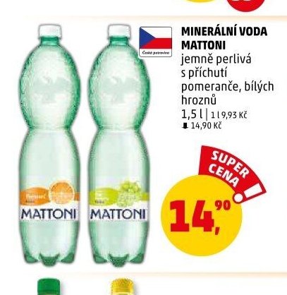 MINERÁLNÍ VODA MATTONI jemně perlivá s příchutí pomeranče, bílých hroznů 1,5 l